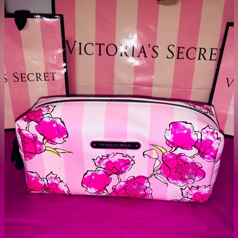 Victoria's Secret Pink Striped Floral Cosmetic Pouch Make Up Beauty Brushes
